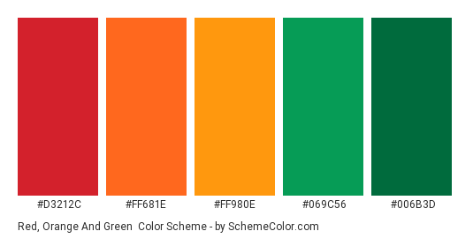 Red, Orange and Green - Color scheme palette thumbnail - #D3212C #FF681E #FF980E #069C56 #006B3D 