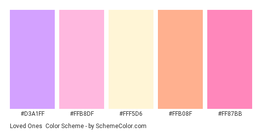 Loved Ones - Color scheme palette thumbnail - #D3A1FF #FFB8DF #FFF5D6 #FFB08F #FF87BB 