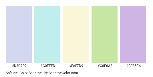 Soft Ice - Color scheme palette thumbnail - #D3D7F0 #C0EEED #FAF7D9 #C8E6A3 #CFB5E4 