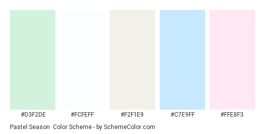 Pastel Season - Color scheme palette thumbnail - #D3F2DE #FCFEFF #F2F1E9 #C7E9FF #FFE8F3 