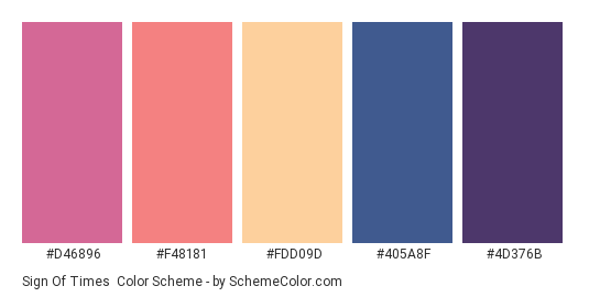 Sign of Times - Color scheme palette thumbnail - #D46896 #F48181 #FDD09D #405A8F #4D376B 