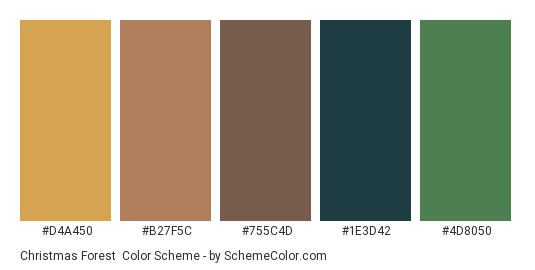 Christmas Forest - Color scheme palette thumbnail - #D4A450 #B27F5C #755C4D #1E3D42 #4D8050 
