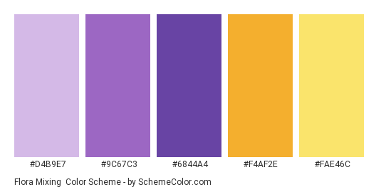 Flora Mixing - Color scheme palette thumbnail - #D4B9E7 #9C67C3 #6844A4 #F4AF2E #FAE46C 