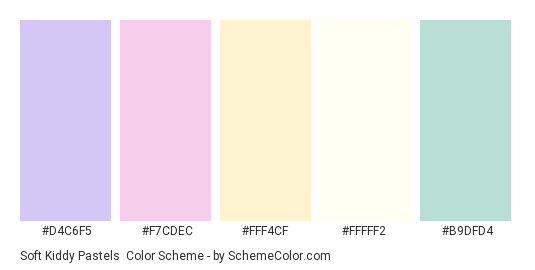 Soft Kiddy Pastels - Color scheme palette thumbnail - #D4C6F5 #F7CDEC #FFF4CF #FFFFF2 #B9DFD4 