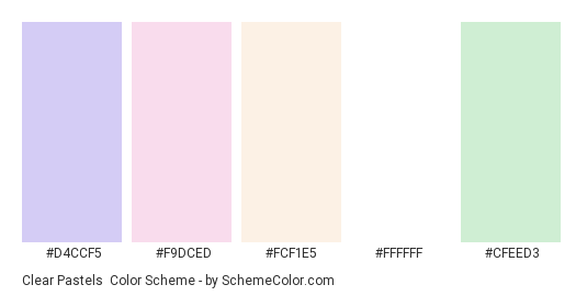 Clear Pastels - Color scheme palette thumbnail - #D4CCF5 #F9DCED #FCF1E5 #FFFFFF #CFEED3 
