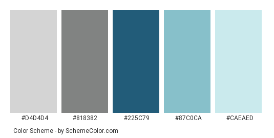 Iceberg - Color scheme palette thumbnail - #D4D4D4 #818382 #225C79 #87C0CA #CAEAED 