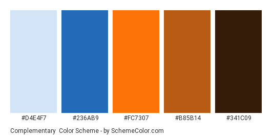 Complementary - Color scheme palette thumbnail - #D4E4F7 #236AB9 #FC7307 #B85B14 #341C09 