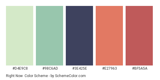 Right Now - Color scheme palette thumbnail - #D4E9C8 #98C6AD #3E425E #E27963 #BF5A5A 