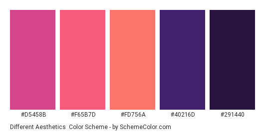 Different Aesthetics - Color scheme palette thumbnail - #D5458B #F65B7D #FD756A #40216D #291440 