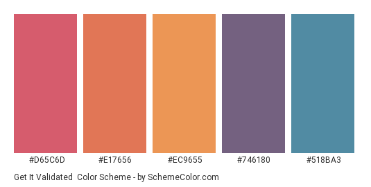 Get it Validated - Color scheme palette thumbnail - #D65C6D #E17656 #EC9655 #746180 #518BA3 