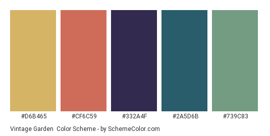 Vintage Garden - Color scheme palette thumbnail - #D6B465 #CF6C59 #332A4F #2A5D6B #739C83 