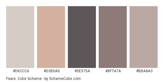 Fears - Color scheme palette thumbnail - #D6CCC6 #D3B0A0 #5E575A #8F7A7A #BBA8A3 