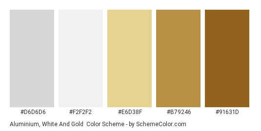 Aluminium, White and Gold - Color scheme palette thumbnail - #D6D6D6 #F2F2F2 #E6D38F #B79246 #91631D 