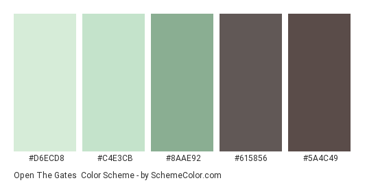 Open the Gates - Color scheme palette thumbnail - #D6ECD8 #C4E3CB #8AAE92 #615856 #5A4C49 