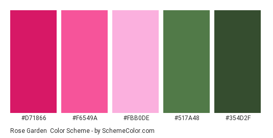 Rose Garden - Color scheme palette thumbnail - #D71866 #F6549A #FBB0DE #517A48 #354D2F 