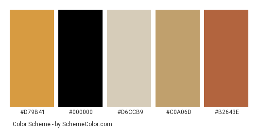 Leopard - Color scheme palette thumbnail - #D79B41 #000000 #D6CCB9 #C0A06D #B2643E 