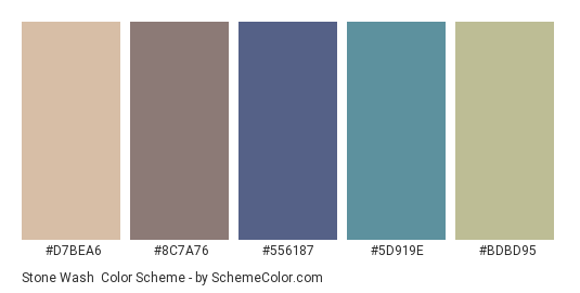 Stone Wash - Color scheme palette thumbnail - #D7BEA6 #8C7A76 #556187 #5D919E #BDBD95 