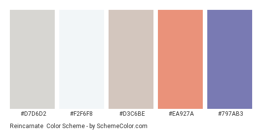 Reincarnate - Color scheme palette thumbnail - #D7D6D2 #F2F6F8 #D3C6BE #EA927A #797AB3 