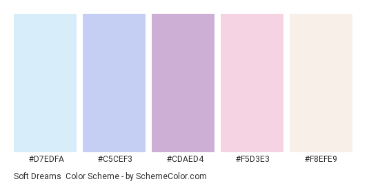 Soft Dreams - Color scheme palette thumbnail - #D7EDFA #C5CEF3 #CDAED4 #F5D3E3 #F8EFE9 