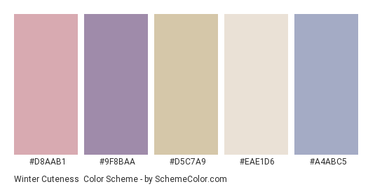 Winter Cuteness - Color scheme palette thumbnail - #D8AAB1 #9F8BAA #D5C7A9 #EAE1D6 #A4ABC5 