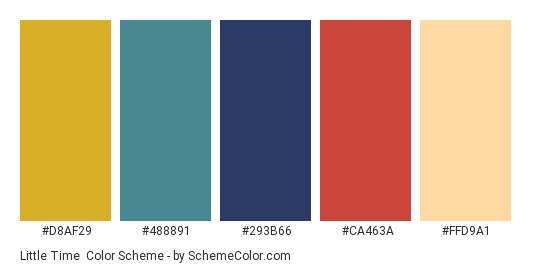Little Time - Color scheme palette thumbnail - #D8AF29 #488891 #293B66 #CA463A #FFD9A1 