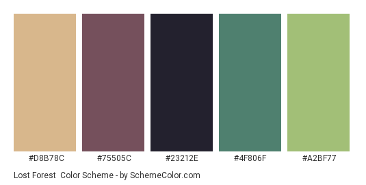 Lost Forest - Color scheme palette thumbnail - #D8B78C #75505C #23212E #4F806F #A2BF77 