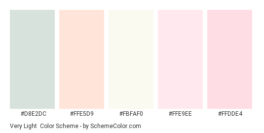 Very Light - Color scheme palette thumbnail - #D8E2DC #FFE5D9 #FBFAF0 #FFE9EE #FFDDE4 