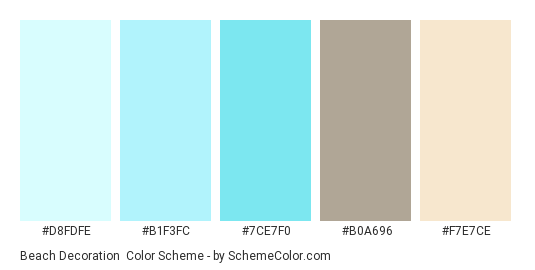 Beach Decoration - Color scheme palette thumbnail - #D8FDFE #B1F3FC #7CE7F0 #B0A696 #F7E7CE 