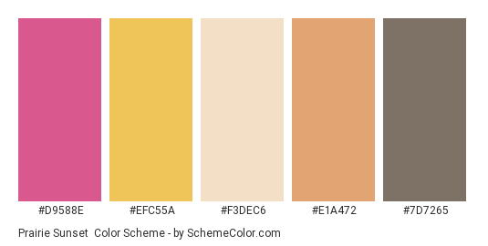 Prairie Sunset - Color scheme palette thumbnail - #D9588E #EFC55A #F3DEC6 #E1A472 #7D7265 
