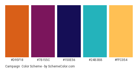 Campaign - Color scheme palette thumbnail - #D95F18 #7B155C #150E56 #24B3BB #FFC054 
