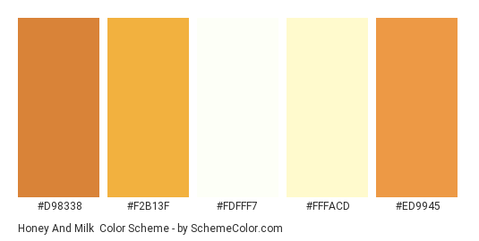 Honey and Milk - Color scheme palette thumbnail - #D98338 #F2B13F #FDFFF7 #FFFACD #ED9945 