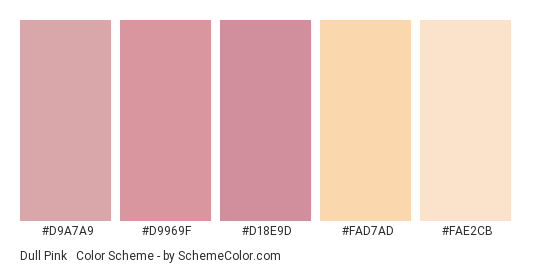 Dull Pink & Yellow - Color scheme palette thumbnail - #D9A7A9 #D9969F #D18E9D #FAD7AD #FAE2CB 