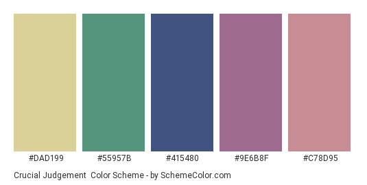 Crucial Judgement - Color scheme palette thumbnail - #DAD199 #55957B #415480 #9E6B8F #C78D95 