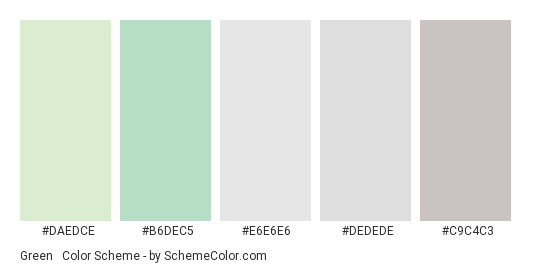 Green & Silver Pastels - Color scheme palette thumbnail - #DAEDCE #B6DEC5 #E6E6E6 #DEDEDE #C9C4C3 