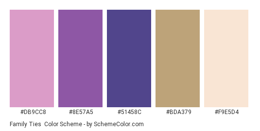 Family Ties - Color scheme palette thumbnail - #DB9CC8 #8E57A5 #51458C #BDA379 #F9E5D4 