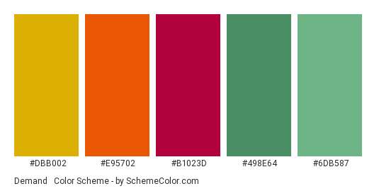 Demand & Growth - Color scheme palette thumbnail - #DBB002 #E95702 #B1023D #498E64 #6DB587 