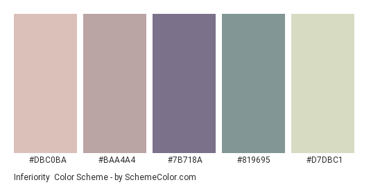 Inferiority - Color scheme palette thumbnail - #DBC0BA #BAA4A4 #7B718A #819695 #D7DBC1 