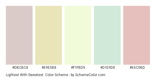 Lightest with Sweetest - Color scheme palette thumbnail - #DBCBC8 #E9E5B8 #F1FBD9 #D1E9D8 #E6C0BD 