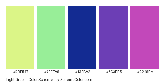 Light Green & Indigo - Color scheme palette thumbnail - #DBF587 #98EE98 #132B92 #6C3EB5 #C248BA 