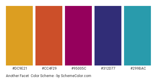Another Facet - Color scheme palette thumbnail - #DC9E21 #CC4F29 #95005C #312d77 #299BAC 