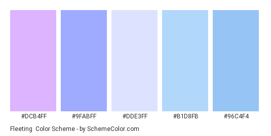 Fleeting - Color scheme palette thumbnail - #DCB4FF #9FABFF #DDE3FF #B1D8FB #96C4F4 