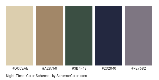 Night Time - Color scheme palette thumbnail - #DCCEAE #A28768 #3B4F43 #232840 #7E7682 