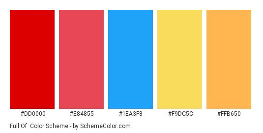 Full Of - Color scheme palette thumbnail - #DD0000 #E84855 #1EA3F8 #F9DC5C #FFB650 