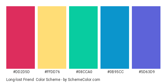 Long-lost Friend - Color scheme palette thumbnail - #DD2D5D #FFDD76 #08CCA0 #0B95CC #5D63D9 