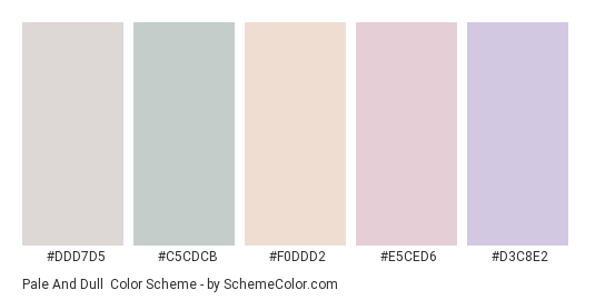 Pale and Dull - Color scheme palette thumbnail - #DDD7D5 #C5CDCB #F0DDD2 #E5CED6 #D3C8E2 