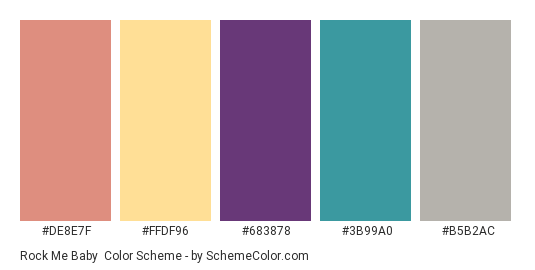 Rock Me Baby - Color scheme palette thumbnail - #DE8E7F #FFDF96 #683878 #3B99A0 #B5B2AC 