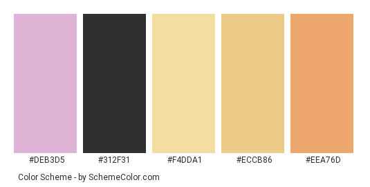 Golden Retriever - Color scheme palette thumbnail - #DEB3D5 #312F31 #F4DDA1 #ECCB86 #EEA76D 