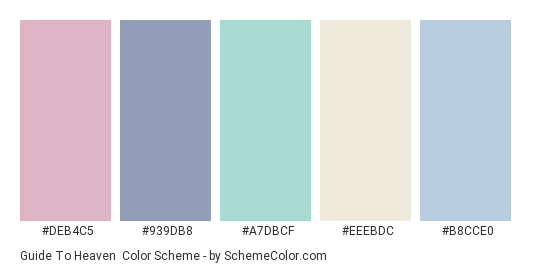 Guide to Heaven - Color scheme palette thumbnail - #DEB4C5 #939DB8 #A7DBCF #EEEBDC #B8CCE0 