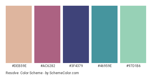 Resolve - Color scheme palette thumbnail - #DEB59E #AC6282 #3F4379 #46959E #97D1B6 