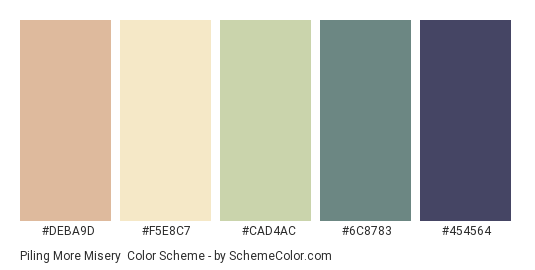 Piling More Misery - Color scheme palette thumbnail - #DEBA9D #F5E8C7 #CAD4AC #6C8783 #454564 